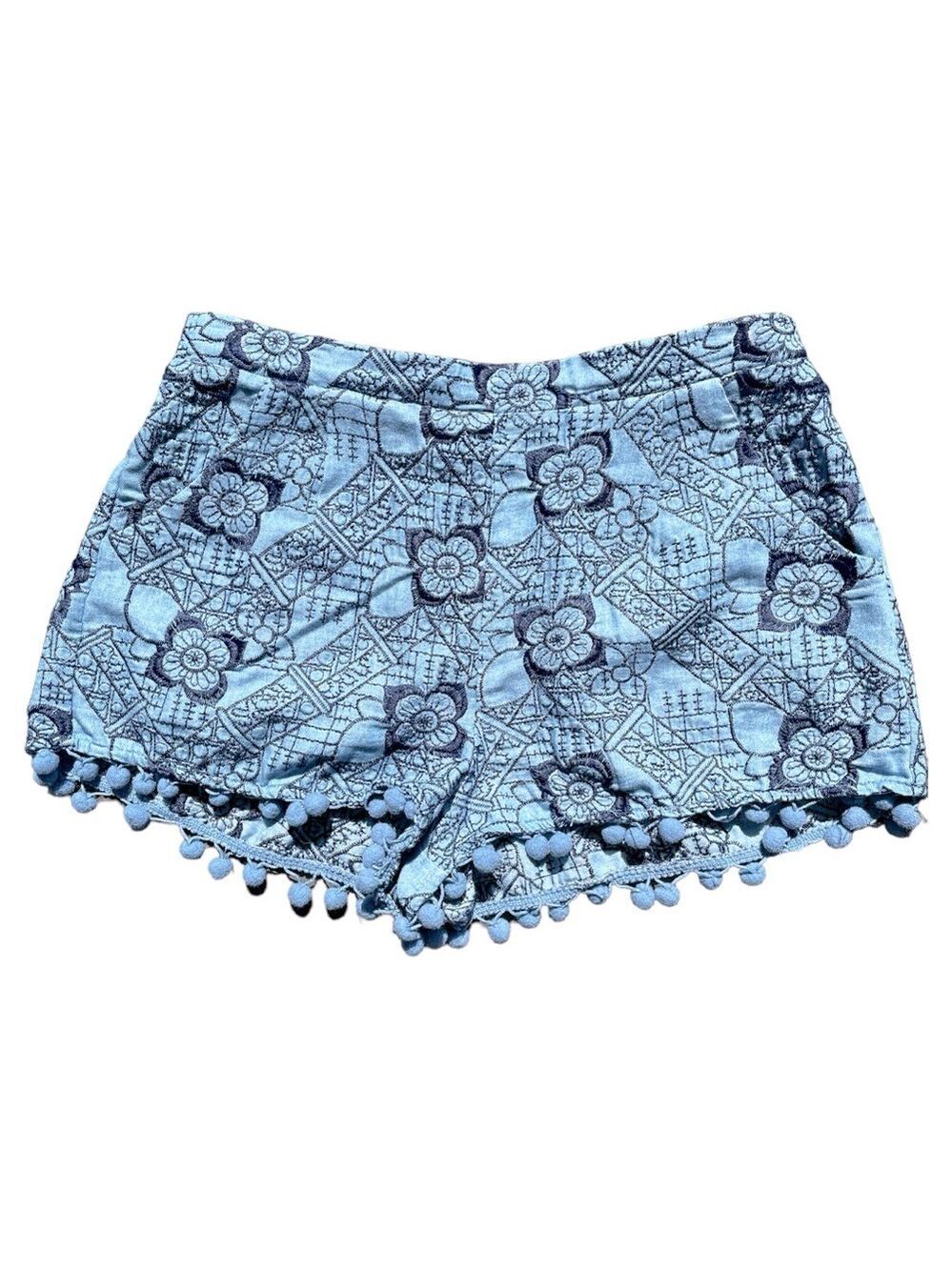 Entro Embroidered Chambray Pom Pom Trim Shorts Size M